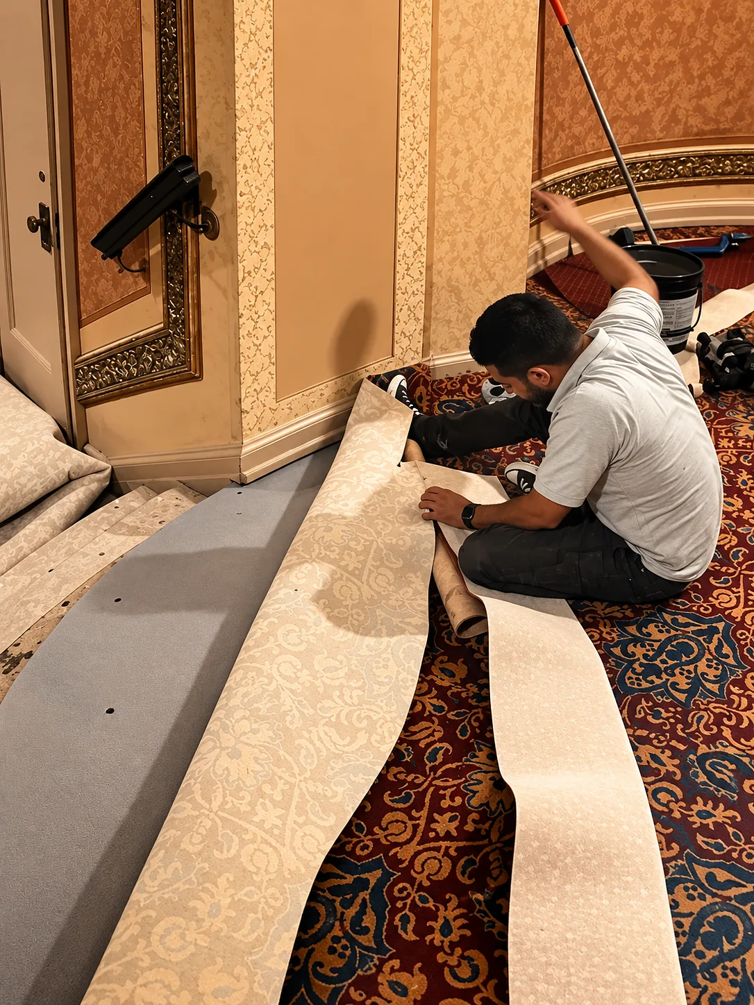 Installer seated on a patterned carpet trimming carpet and padding along a curved wall during an installation